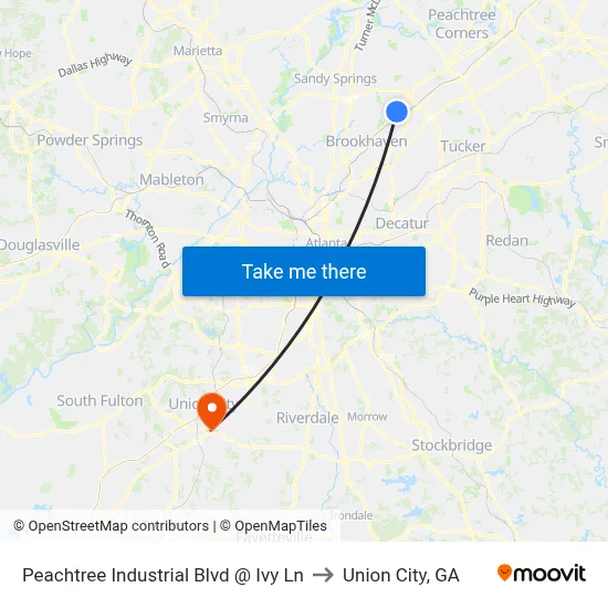 Peachtree Industrial Blvd @ Ivy Ln to Union City, GA map
