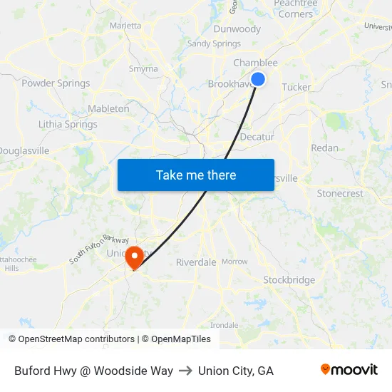 Buford Hwy @ Woodside Way to Union City, GA map