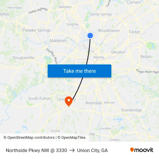 Northside Pkwy NW @ 3330 to Union City, GA map