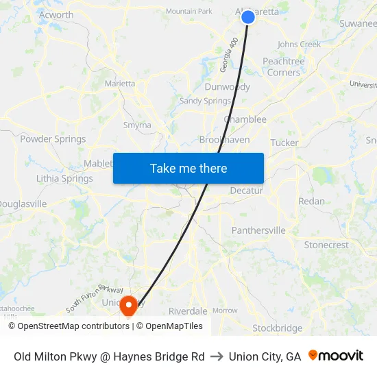 Old Milton Pkwy @ Haynes Bridge Rd to Union City, GA map