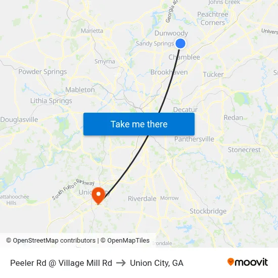 Peeler Rd @ Village Mill Rd to Union City, GA map