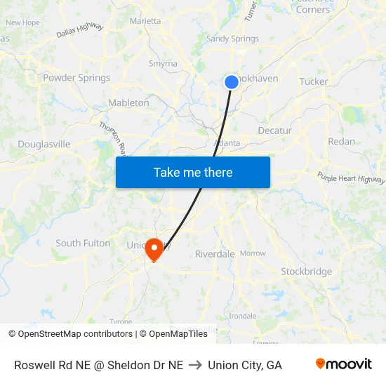 Roswell Rd NE @ Sheldon Dr NE to Union City, GA map