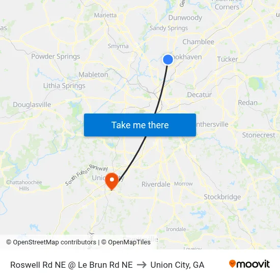 Roswell Rd NE @ Le Brun Rd NE to Union City, GA map
