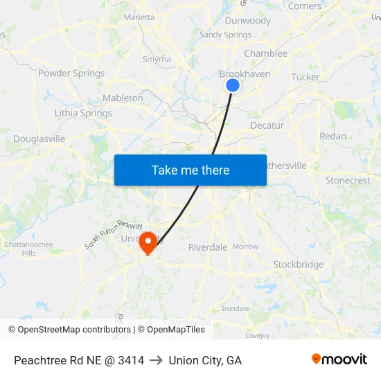 Peachtree Rd NE @ 3414 to Union City, GA map
