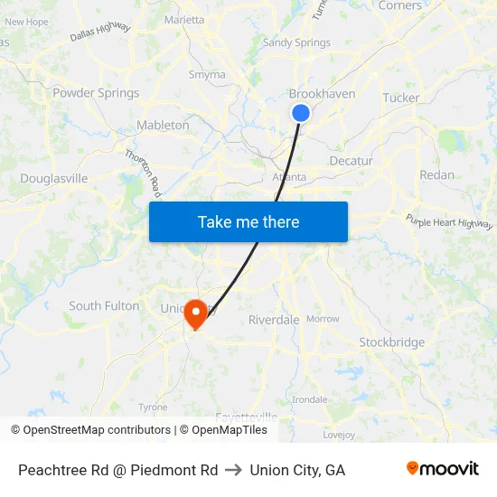 Peachtree Rd @ Piedmont Rd to Union City, GA map