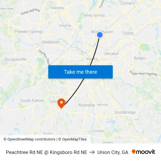 Peachtree Rd NE @ Kingsboro Rd NE to Union City, GA map