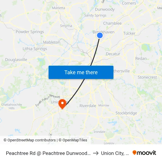 Peachtree Rd @ Peachtree Dunwoody Rd to Union City, GA map