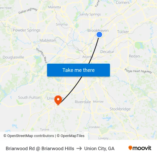 Briarwood Rd @ Briarwood Hills to Union City, GA map