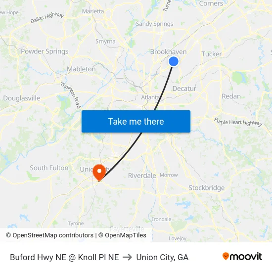 Buford Hwy NE @ Knoll Pl NE to Union City, GA map