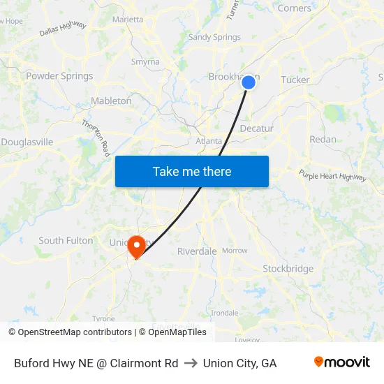 Buford Hwy NE @ Clairmont Rd to Union City, GA map