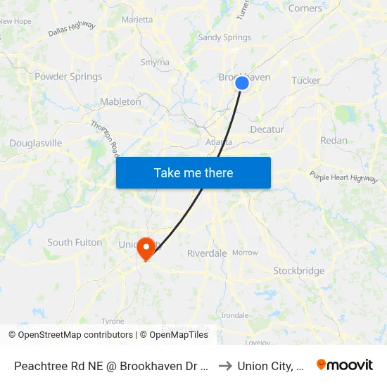 Peachtree Rd NE @ Brookhaven Dr NE to Union City, GA map