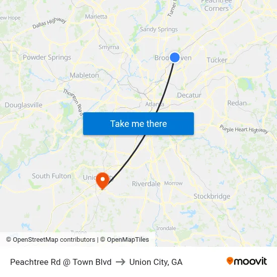 Peachtree Rd @ Town Blvd to Union City, GA map