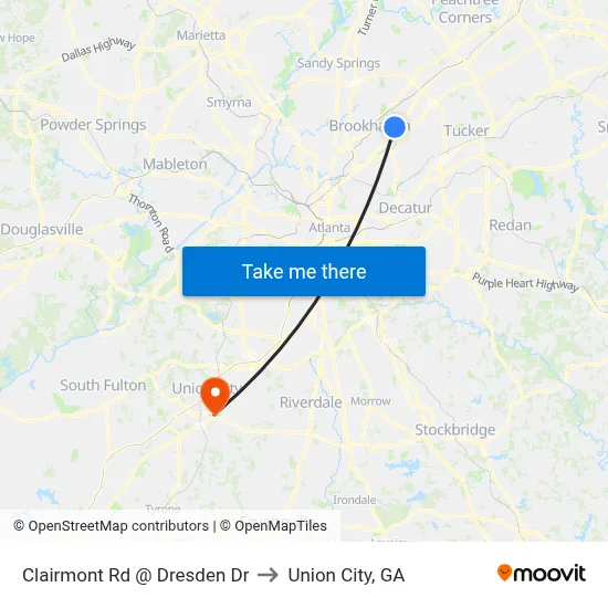 Clairmont Rd @ Dresden Dr to Union City, GA map