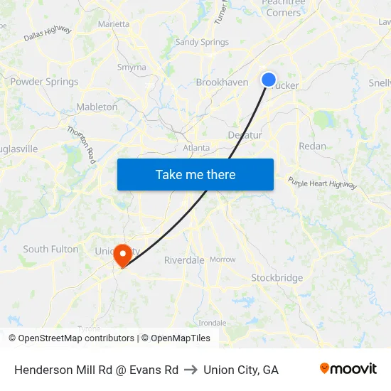 Henderson Mill Rd @ Evans Rd to Union City, GA map