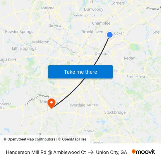 Henderson Mill Rd @ Amblewood Ct to Union City, GA map