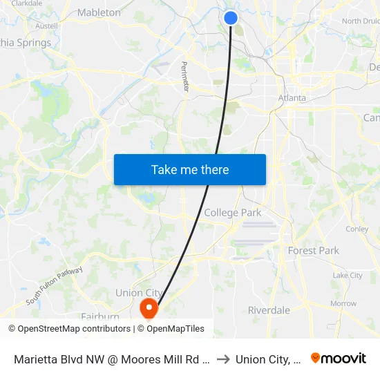 Marietta Blvd NW @ Moores Mill Rd NW to Union City, GA map