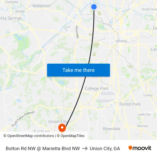 Bolton Rd NW @ Marietta Blvd NW to Union City, GA map