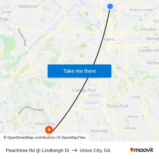 Peachtree Rd @ Lindbergh Dr to Union City, GA map