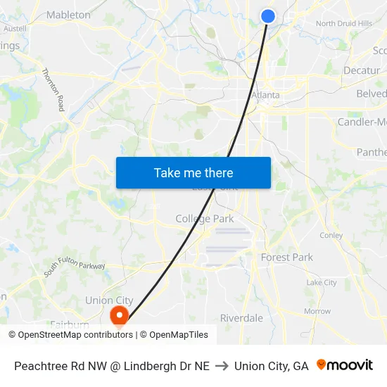 Peachtree Rd NW @ Lindbergh Dr NE to Union City, GA map
