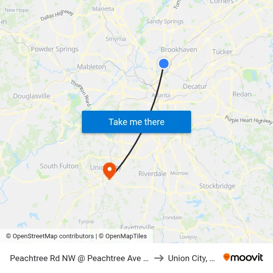 Peachtree Rd NW @ Peachtree Ave NE to Union City, GA map