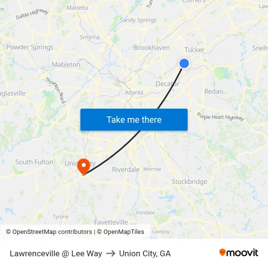 Lawrenceville @ Lee Way to Union City, GA map