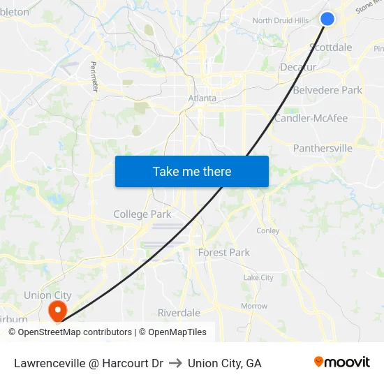 Lawrenceville @ Harcourt Dr to Union City, GA map