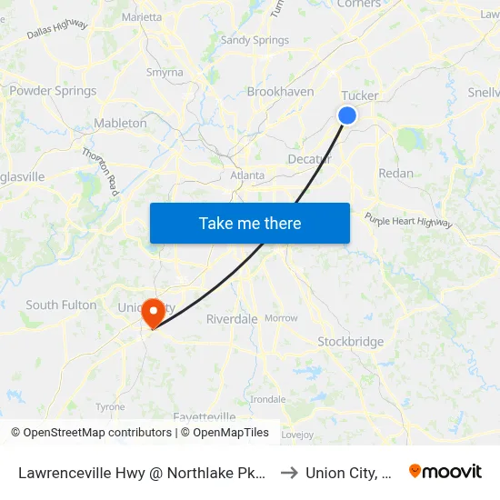 Lawrenceville Hwy @ Northlake Pkwy to Union City, GA map