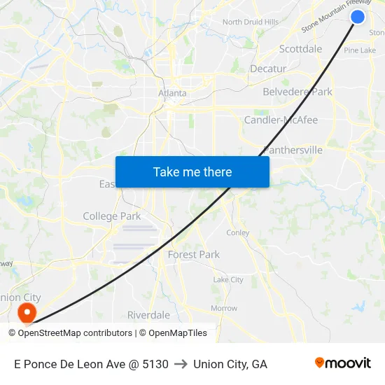 E Ponce De Leon Ave @ 5130 to Union City, GA map