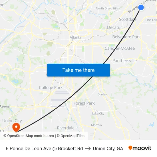 E Ponce De Leon Ave @ Brockett Rd to Union City, GA map