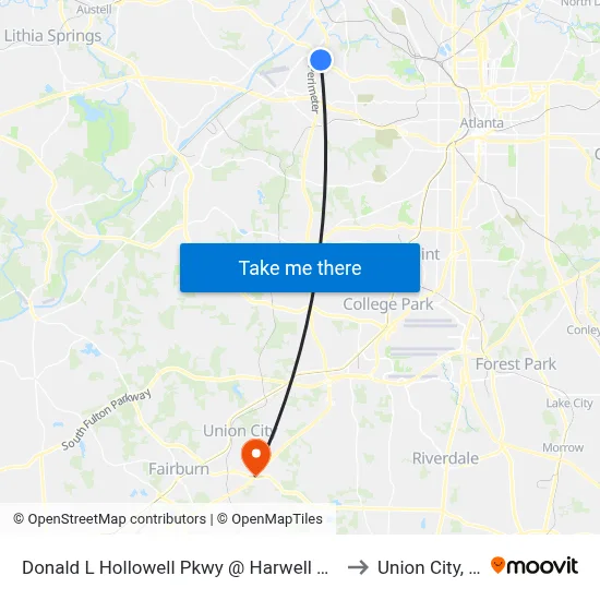 Donald L Hollowell Pkwy @ Harwell Rd NW to Union City, GA map