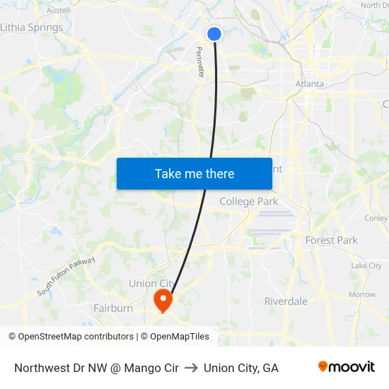 Northwest Dr NW @ Mango Cir to Union City, GA map