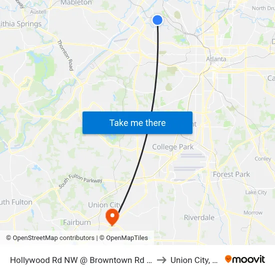 Hollywood Rd NW @ Browntown Rd NW to Union City, GA map