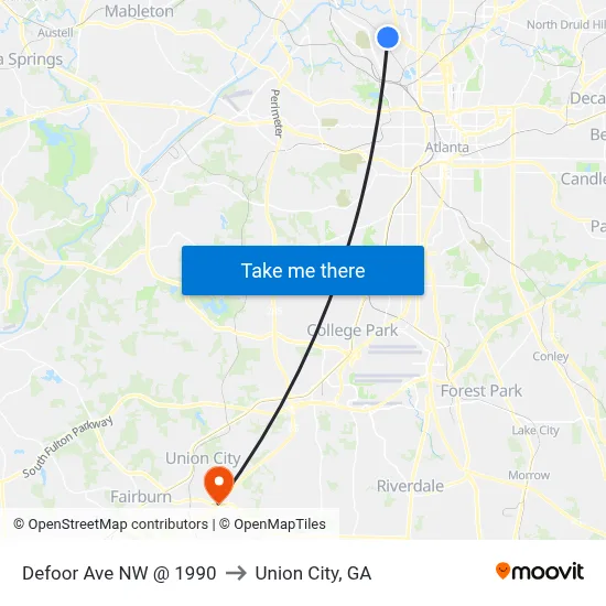 Defoor Ave NW @ 1990 to Union City, GA map