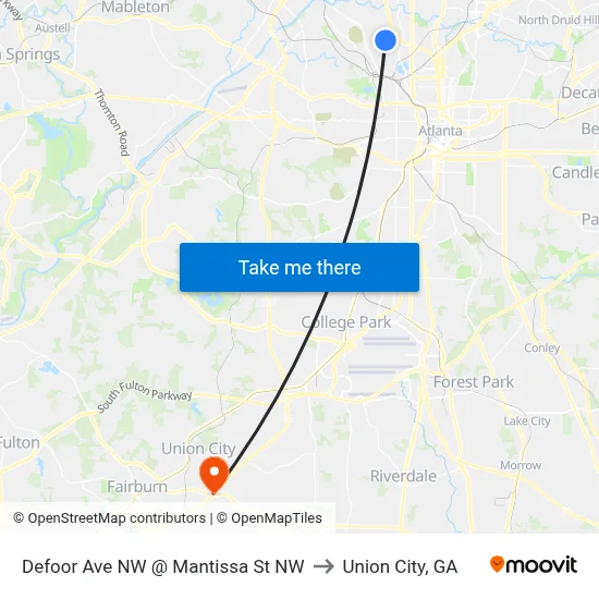 Defoor Ave NW @ Mantissa St NW to Union City, GA map
