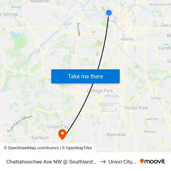 Chattahoochee Ave NW @ Southland Cir NW to Union City, GA map