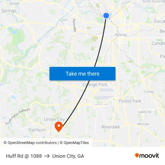 Huff Rd @ 1088 to Union City, GA map