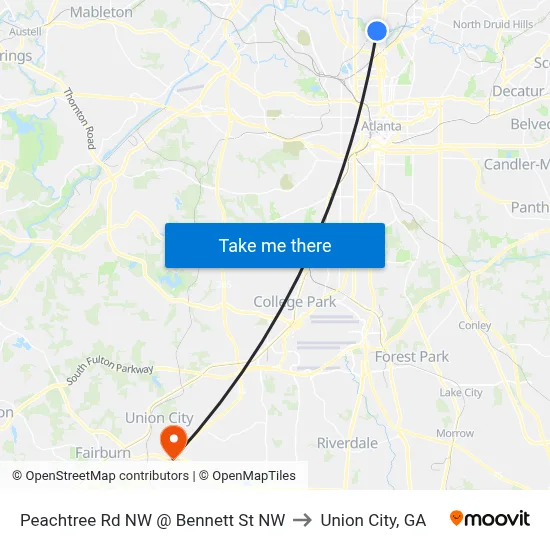 Peachtree Rd NW @ Bennett St NW to Union City, GA map