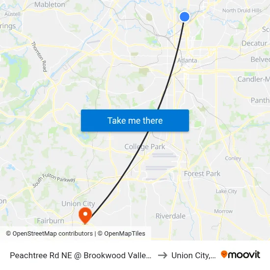 Peachtree Rd NE @ Brookwood Valley Cir NE to Union City, GA map