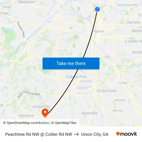 Peachtree Rd NW @ Collier Rd NW to Union City, GA map