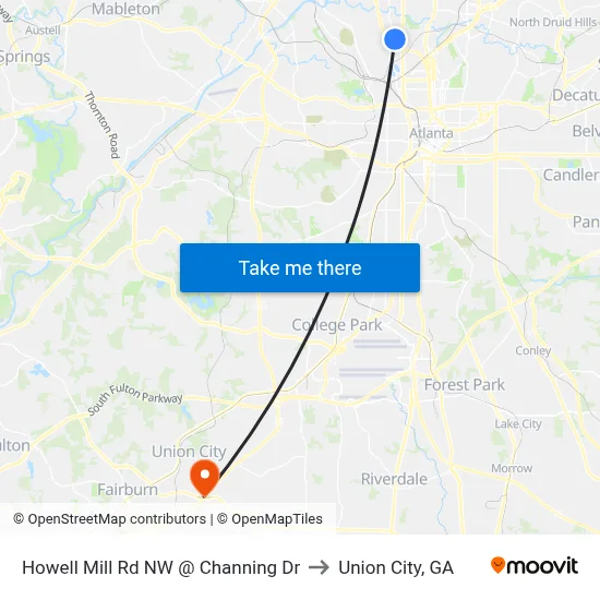 Howell Mill Rd NW @ Channing Dr to Union City, GA map