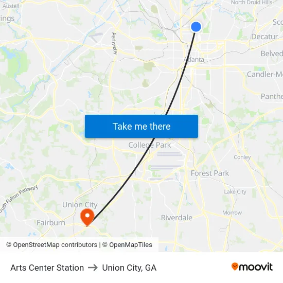 Arts Center Station to Union City, GA map