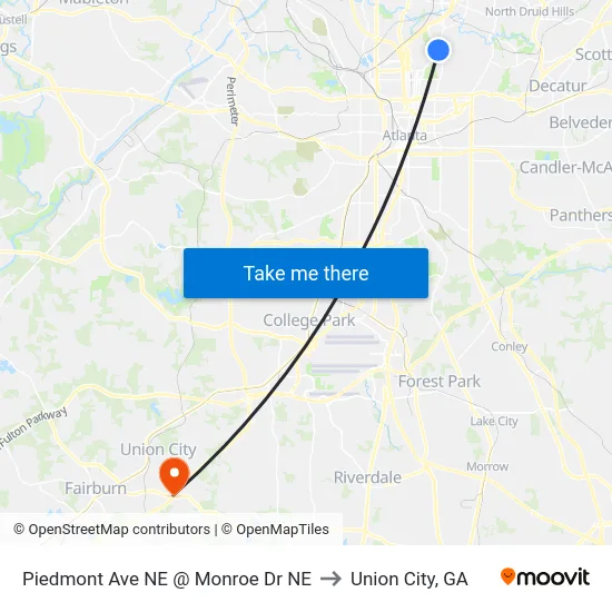 Piedmont Ave NE @ Monroe Dr NE to Union City, GA map
