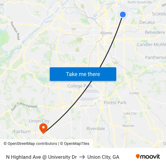 N Highland Ave @ University Dr to Union City, GA map