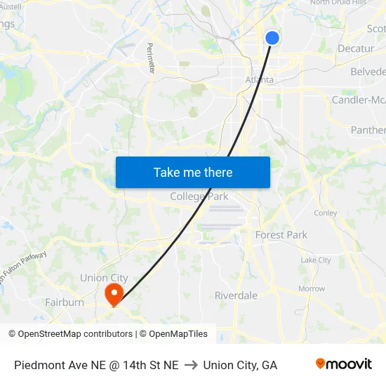 Piedmont Ave NE @ 14th St NE to Union City, GA map