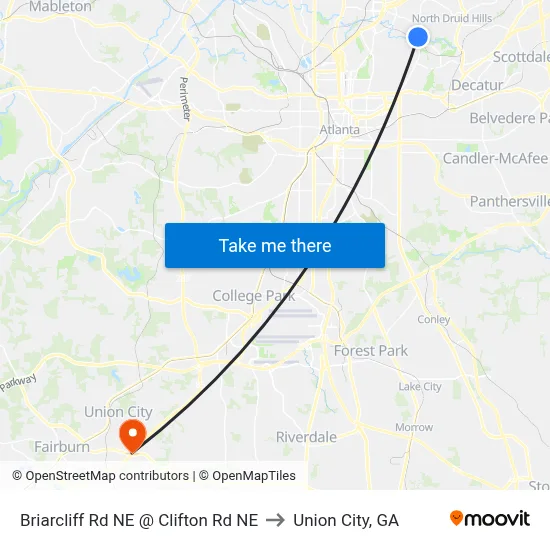 Briarcliff Rd NE @ Clifton Rd NE to Union City, GA map