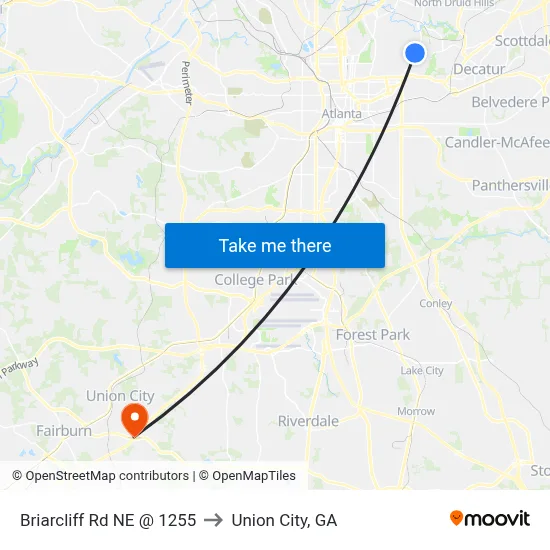 Briarcliff Rd NE @ 1255 to Union City, GA map