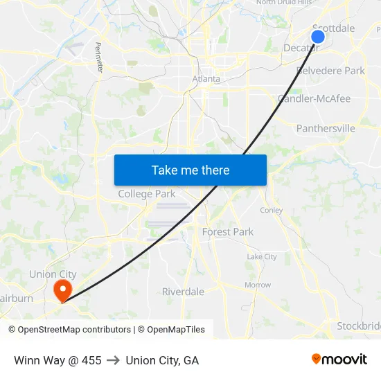 Winn Way @ 455 to Union City, GA map