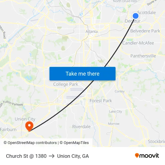 Church St @ 1380 to Union City, GA map