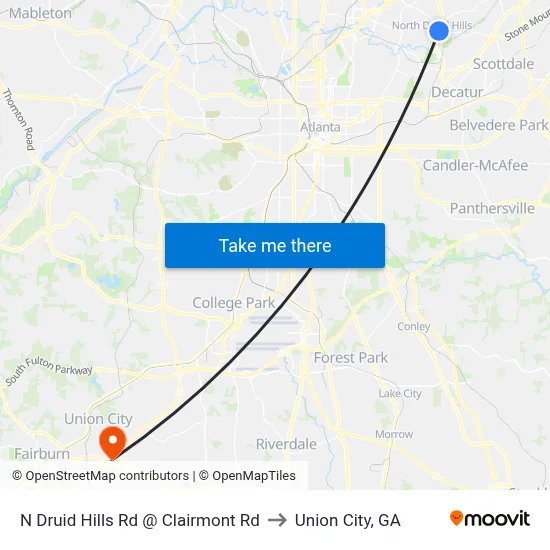 N Druid Hills Rd @ Clairmont Rd to Union City, GA map