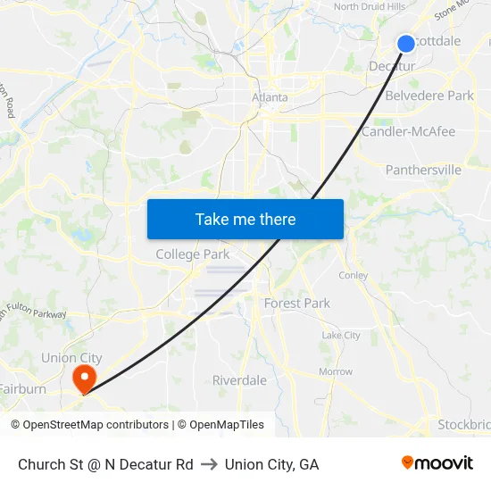 Church St @ N Decatur Rd to Union City, GA map